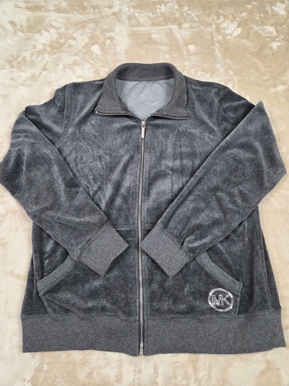 Michael Kors Charcoal Gray Velour Track Jacket Full Zip Rhinestone Logo